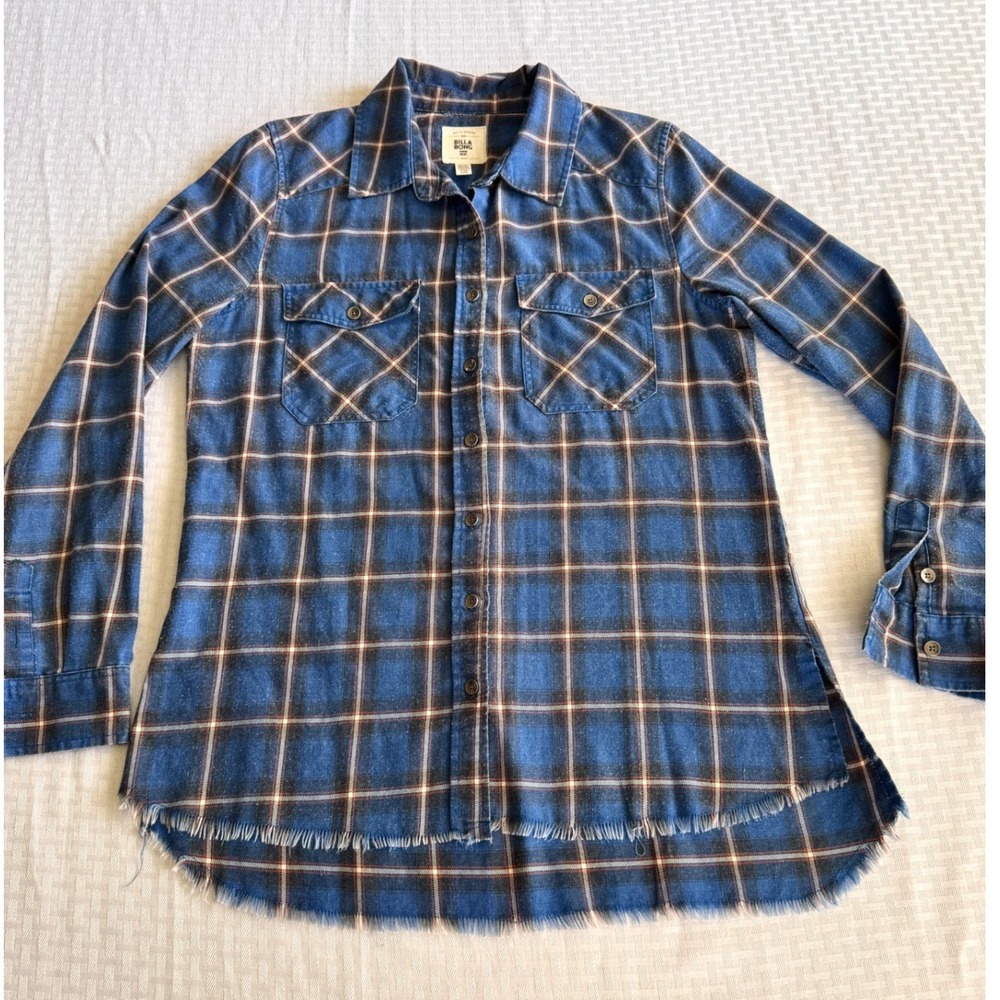 Billabong Blue Plaid‎ Flannel Raw Hem Button Down Shirt Womens Medium JS13